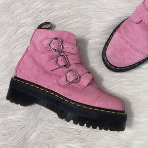 Dr. Martens x Lazy Oaf RARE Chunky Platform Pink Suede Heart Buckle Boots